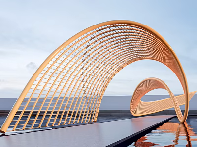 Modern Orange Arched Latticed Structure With Water Reflection Sky And White Wall Background 3d model