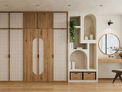 Modern Wooden Wardrobe Design With Rattan Doors Open Shelves Round Mirror And Woven Baskets 3d model