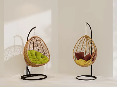 Stylish Rattan Egg Hanging Chairs With Green Red Yellow Cushions And Black Metal Stand 3d model