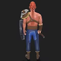 Shirtless Warrior Man With Red Hair Beard Blue Pants And Arm Guards Carrying Weapon