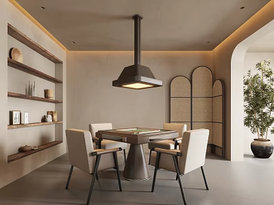Elegant Hotel Mahjong Room Interior With Mahjong Table Comfortable Chairs Hanging Lamp Wooden Shelves And Potted Plant 3d model