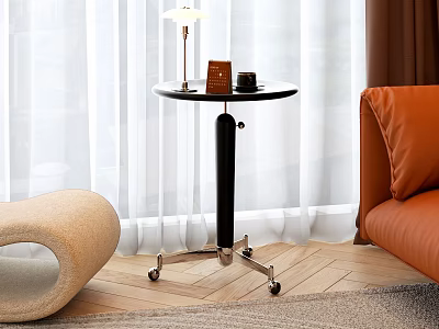 Modern Black Side Table With Round Top Wheels Beside Orange Sofa On Wooden Floor 3d model