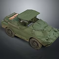 Green Armored Military Vehicle With Open Top Antenna And Large Wheels