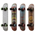 Colorful Skateboards Sports Equipment With Unique Designs Displayed On Wooden Rack