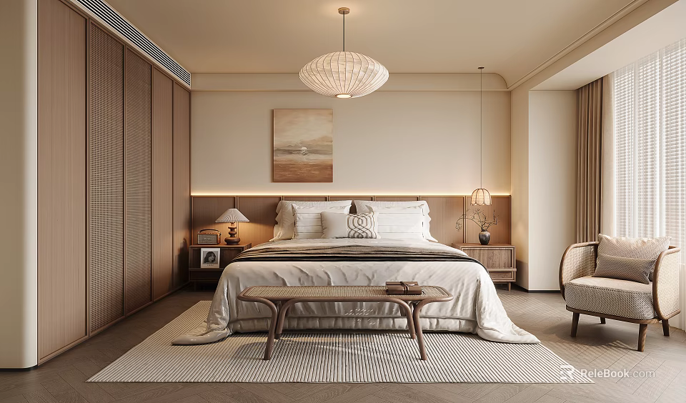 Cozy Modern Bedroom With Wooden Wardrobes King Bed Pendant Light Painting Above Bed And Armchair 3d model 
