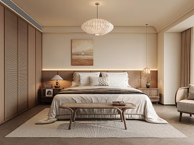 Cozy Modern Bedroom With Wooden Wardrobes King Bed Pendant Light Painting Above Bed And Armchair 3d model