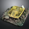 Small Boat Model Display With Stones And Label On Textured Base