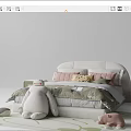 Adorable Kids Bed with Pink Headboard Green Gray Quilt Light Green Nightstand and Stuffed Toys