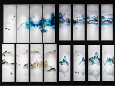 Chinese Traditional Ink Wash Landscape Paintings With Mountains Water Birds Boats And Mist 3d model
