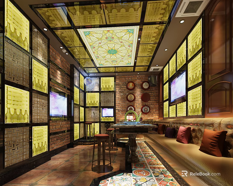 Chinese Style KTV Room Interior With Carved Ceiling TV Screens And Sofa Seating 3d model 