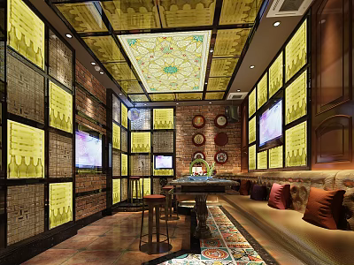 Chinese Style KTV Room Interior With Carved Ceiling TV Screens And Sofa Seating 3d model