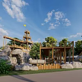 Outdoor Adventure Park With Wooden Structures Rock Formations Lush Trees And Walking Paths