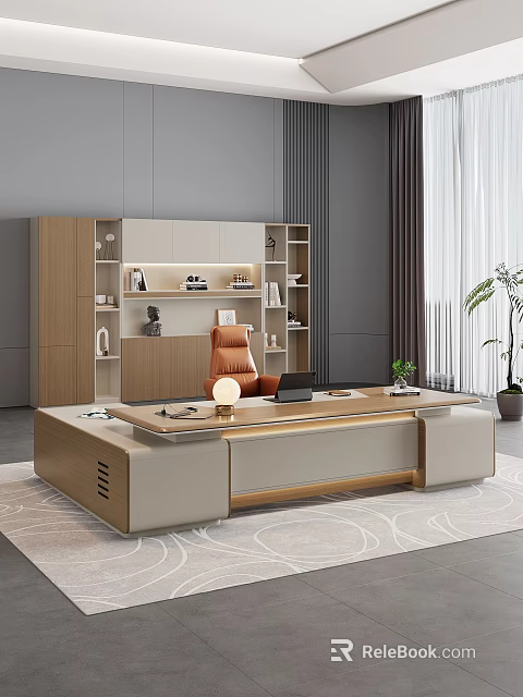 Modern Office Interior Design with Large Wooden Desk Orange Chair Bookshelf and Potted Plant 3d model 