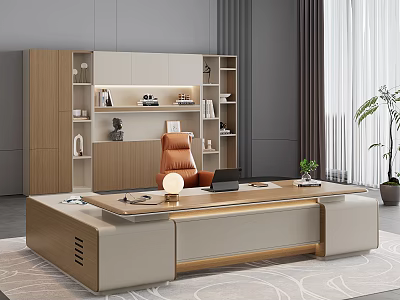Modern Office Interior Design with Large Wooden Desk Orange Chair Bookshelf and Potted Plant 3d model