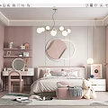 Pink Kids Room Interior With Soft Bed Stuffed Toys Chandelier Vanity And Cozy Rug