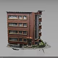 Miniature Red Multi Story Building Model With Windows Entrance And Green Plants