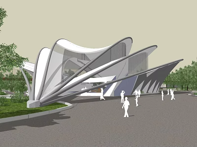 Modern Architectural Structure With Unique Curved Design White Gray Exterior And Green Lawn Trees 3d model