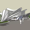 Modern Architectural Structure With Unique Curved Design White Gray Exterior And Green Lawn Trees