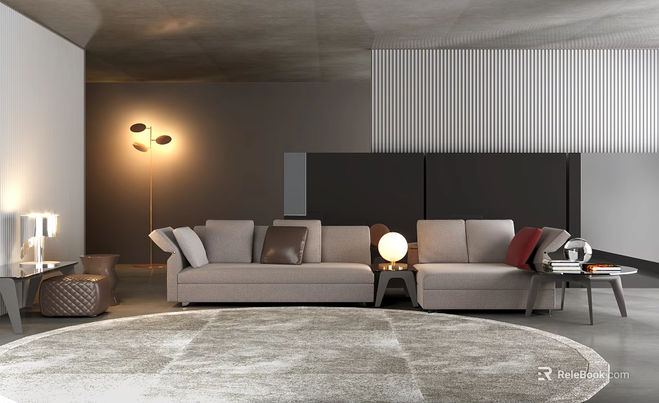 Modern Beige Sofa And Coffee Table Set With Round Rug Floor Lamp And Throw Pillows 3d model 