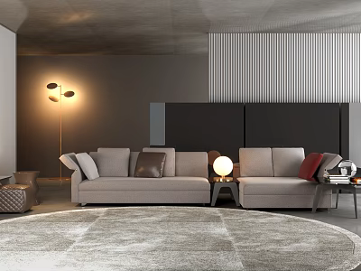 Modern Beige Sofa And Coffee Table Set With Round Rug Floor Lamp And Throw Pillows 3d model