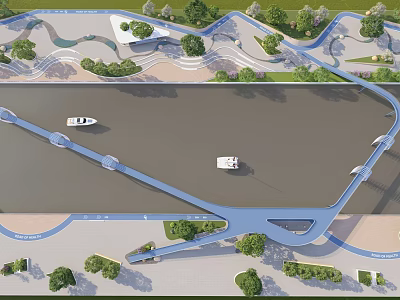 Waterfront Landscape Design Featuring Curved Walkways River Boats And Lush Greenery 3d model