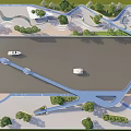 Waterfront Landscape Design Featuring Curved Walkways River Boats And Lush Greenery