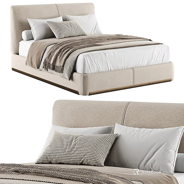 Modern Upholstered Double Bed With White Mattress Decorative Pillows And Soft Throw Blanket 3d model 