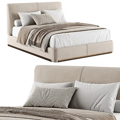 Modern Upholstered Double Bed With White Mattress Decorative Pillows And Soft Throw Blanket 3d model