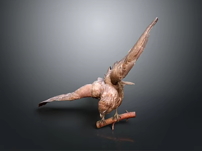 Copper Colored Bird Sculpture With Spread Wings Perched On Wooden Branch 3d model