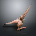 Copper Colored Bird Sculpture With Spread Wings Perched On Wooden Branch