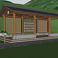 Wooden Pergola With Tile Roof Display Wall And Resting People In Green Park