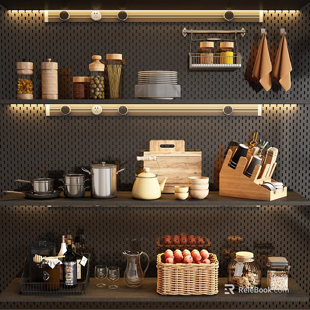 Stylish Kitchenware Display on Shelves with Jars Plates Pots Teapot Bowls Knives and Apple Basket 3d model 