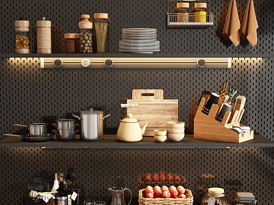 Stylish Kitchenware Display on Shelves with Jars Plates Pots Teapot Bowls Knives and Apple Basket 3d model