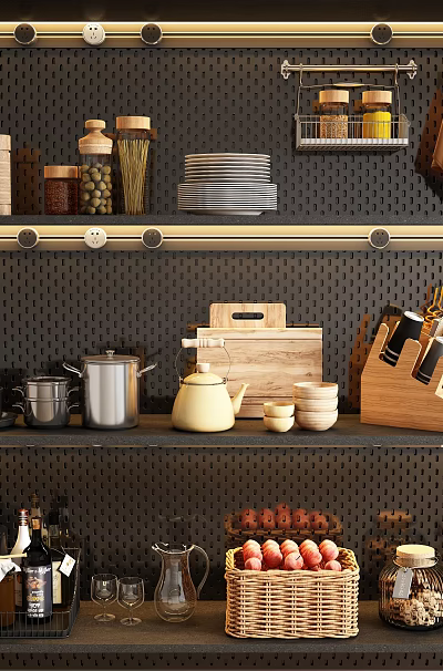Stylish Kitchenware Display on Shelves with Jars Plates Pots Teapot Bowls Knives and Apple Basket 3d model