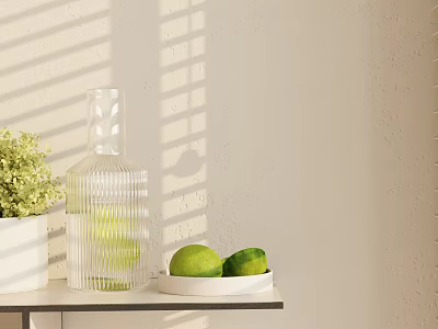 Decorative Ornament Combination With Clear Ribbed Glass Vase Green Plant And Limes On White Plate 3d model