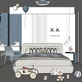 Modern Kids Room Interior With Bed Toy Car Building Blocks Bookshelf And Soft Rug