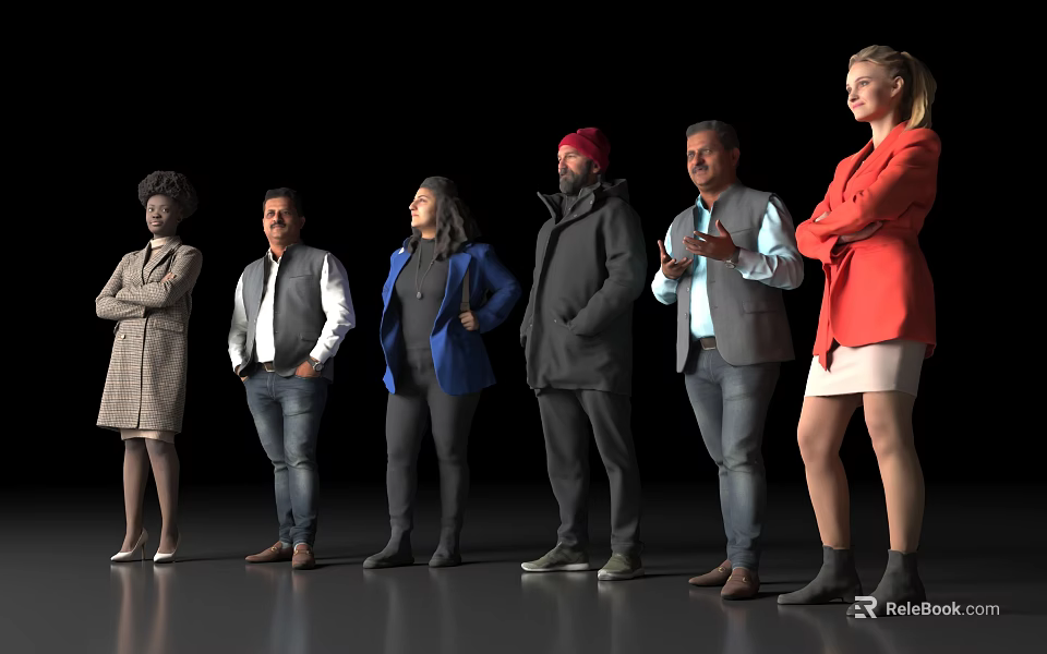 Diverse Group of People Standing Together In Different Stylish Outfits Against Black Background 3d model 