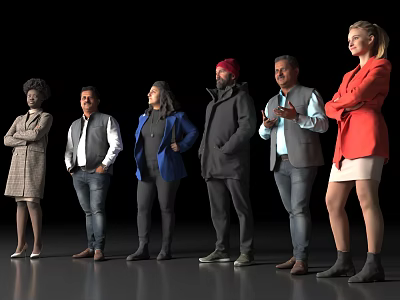 Diverse Group of People Standing Together In Different Stylish Outfits Against Black Background 3d model
