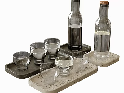 Glass Cups on Two Trays with Two Bottles of Water for Serving Setup 3d model