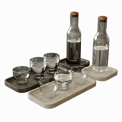 Glass Cups on Two Trays with Two Bottles of Water for Serving Setup 3d model