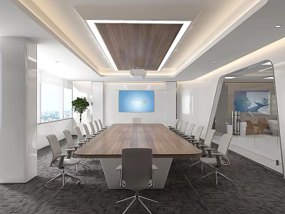 Modern Spacious Conference Room Interior With Long Table Chairs Projector Large Windows And Green Plant 3d model