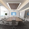 Modern Spacious Conference Room Interior With Long Table Chairs Projector Large Windows And Green Plant