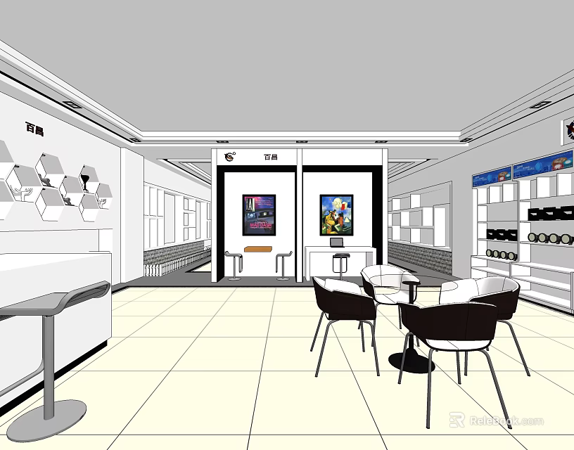 Modern Lounge Interior With Tables Chairs Paintings Shelves And Hexagonal Decorations 3d model 