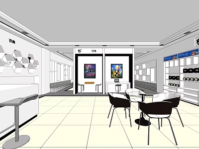 Modern Lounge Interior With Tables Chairs Paintings Shelves And Hexagonal Decorations 3d model