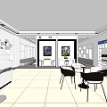 Modern Lounge Interior With Tables Chairs Paintings Shelves And Hexagonal Decorations