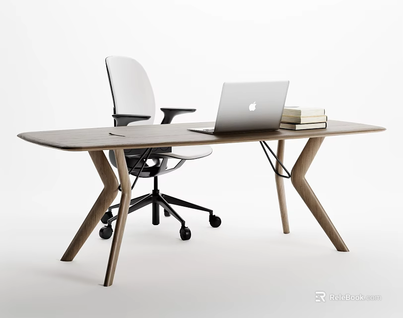 Modern Wooden Desk Design With Office Chair Laptop And Stacked Books 3d model 