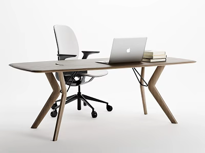 Modern Wooden Desk Design With Office Chair Laptop And Stacked Books 3d model