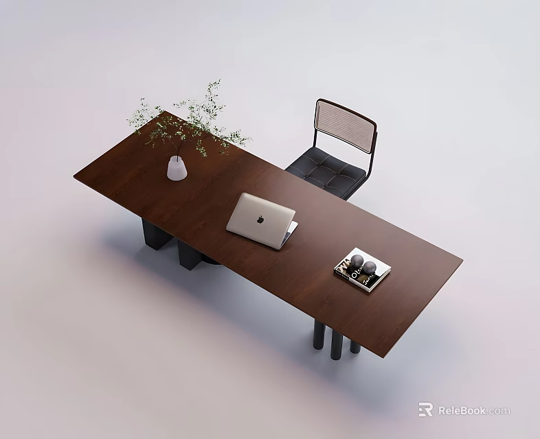 Modern Brown Office Desk With Laptop Vase Plant Magazine And Black Mesh Back Chair 3d model 