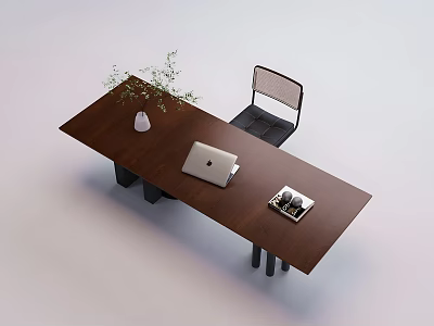 Modern Brown Office Desk With Laptop Vase Plant Magazine And Black Mesh Back Chair 3d model