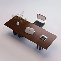 Modern Brown Office Desk With Laptop Vase Plant Magazine And Black Mesh Back Chair